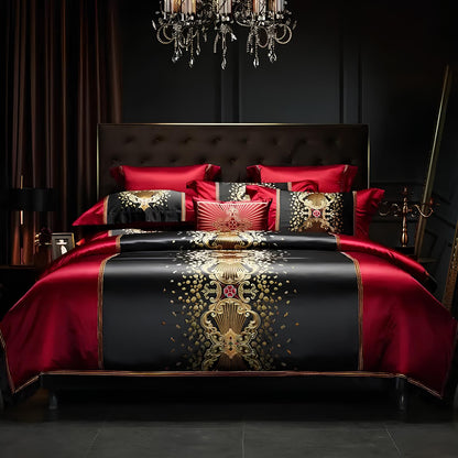 Luxury Black and Red Satin and Egyptian Cotton Bedding Set - Homevalley.co.uk
