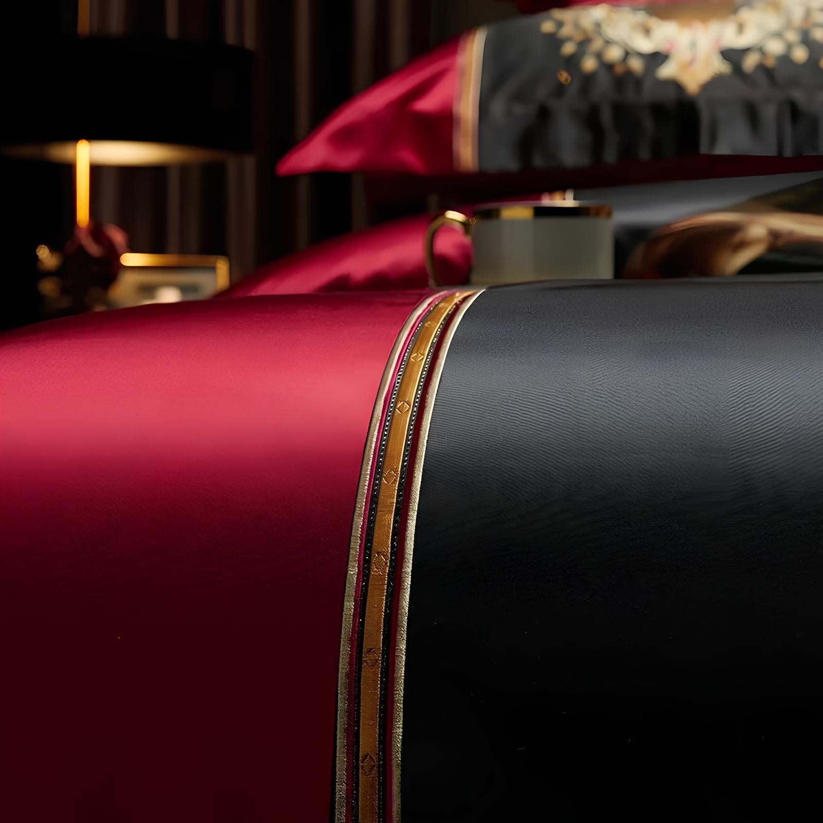 Luxury Black and Red Satin and Egyptian Cotton Bedding Set - Homevalley.co.uk