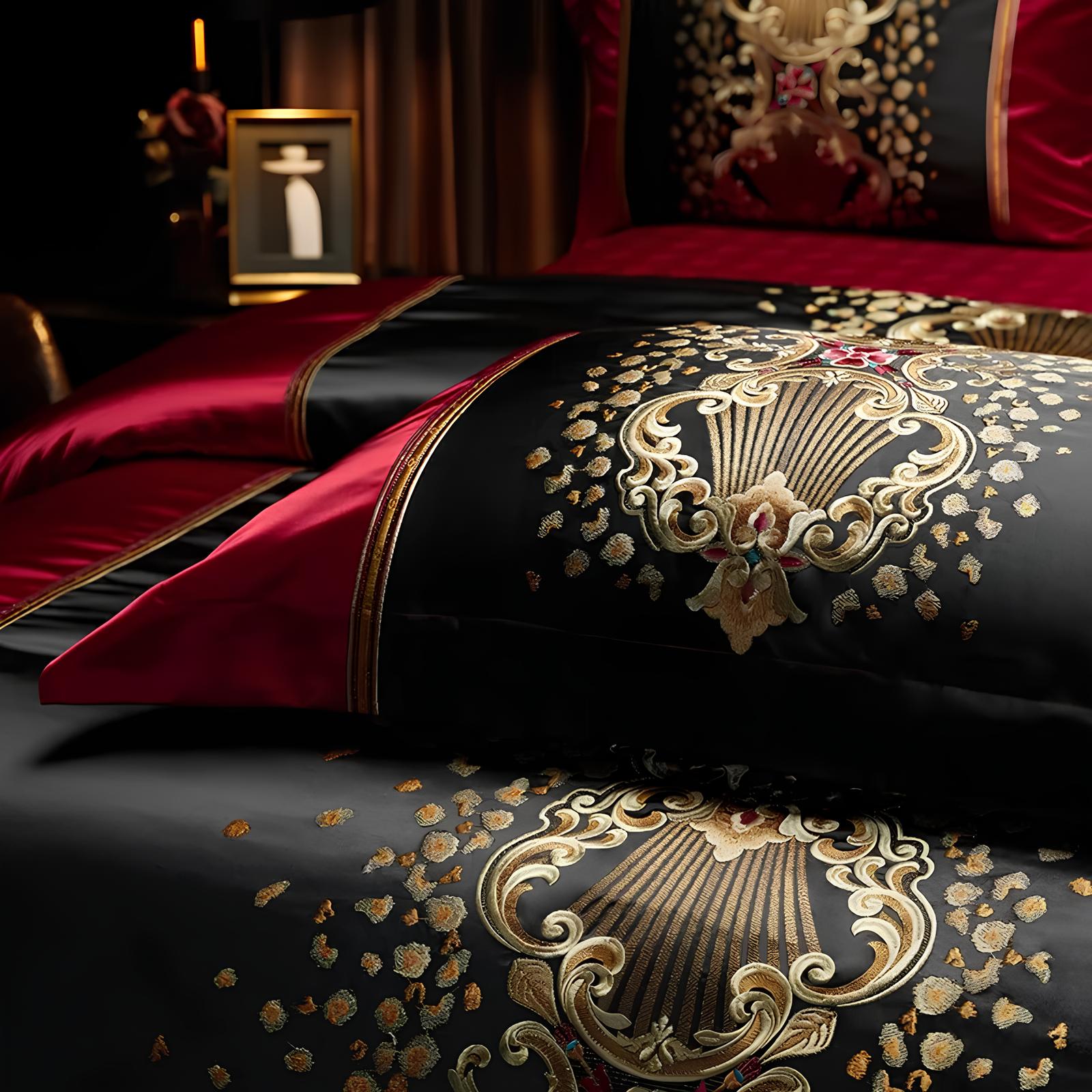 Luxury Black and Red Satin and Egyptian Cotton Bedding Set - Homevalley.co.uk