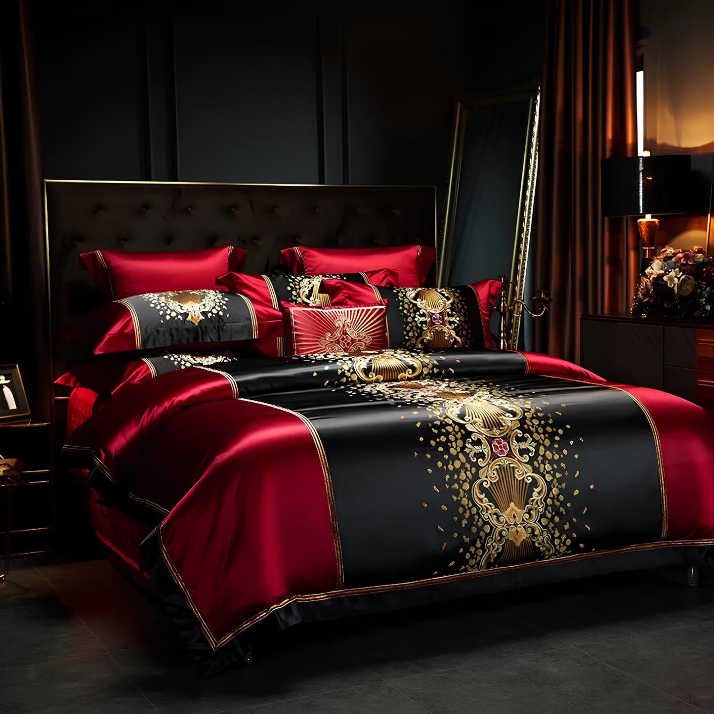 Luxury Black and Red Satin and Egyptian Cotton Bedding Set - Homevalley.co.uk