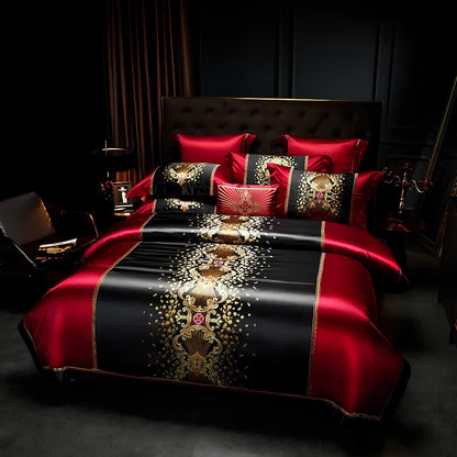Luxury Black and Red Satin and Egyptian Cotton Bedding Set - Homevalley.co.uk