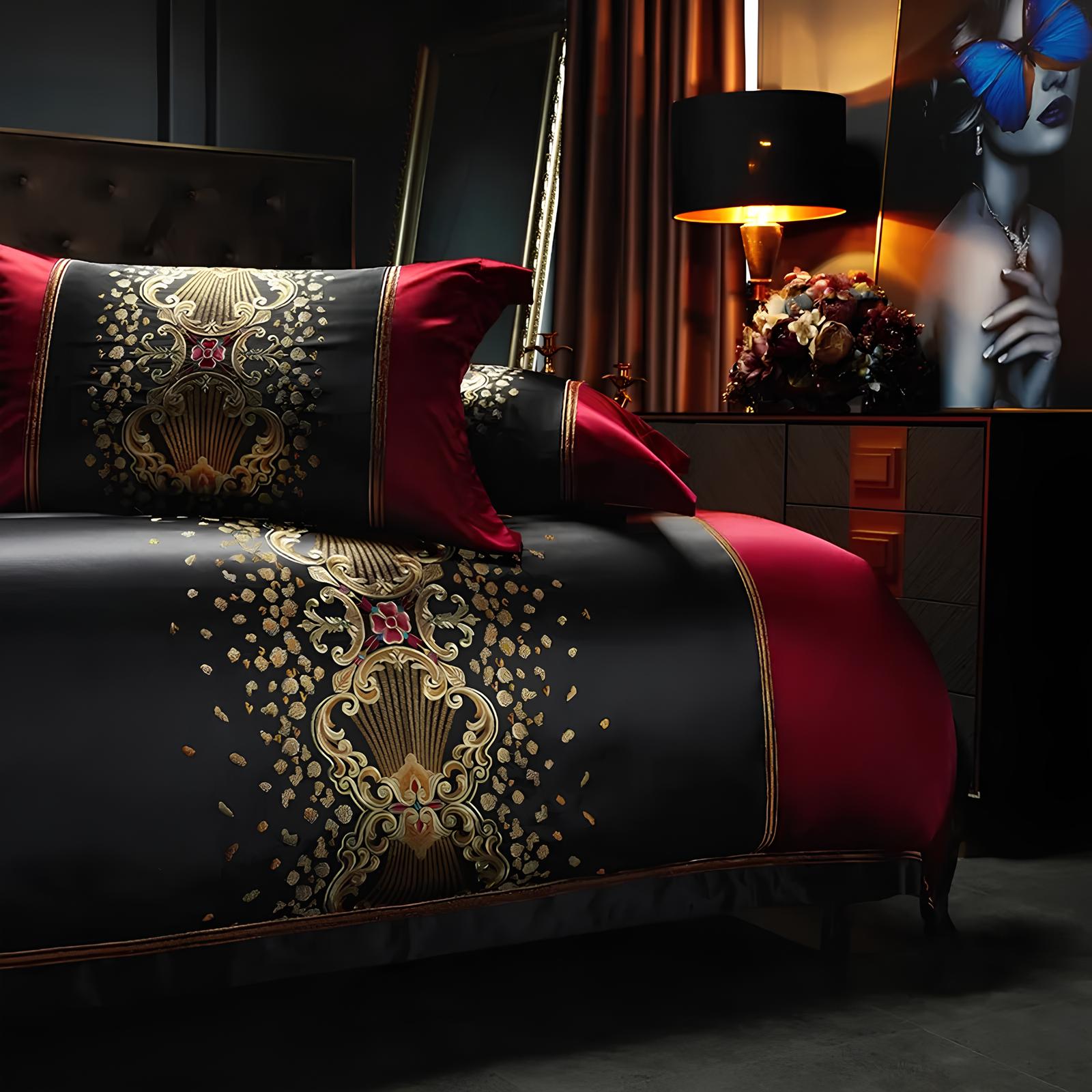 Luxury Black and Red Satin and Egyptian Cotton Bedding Set - Homevalley.co.uk