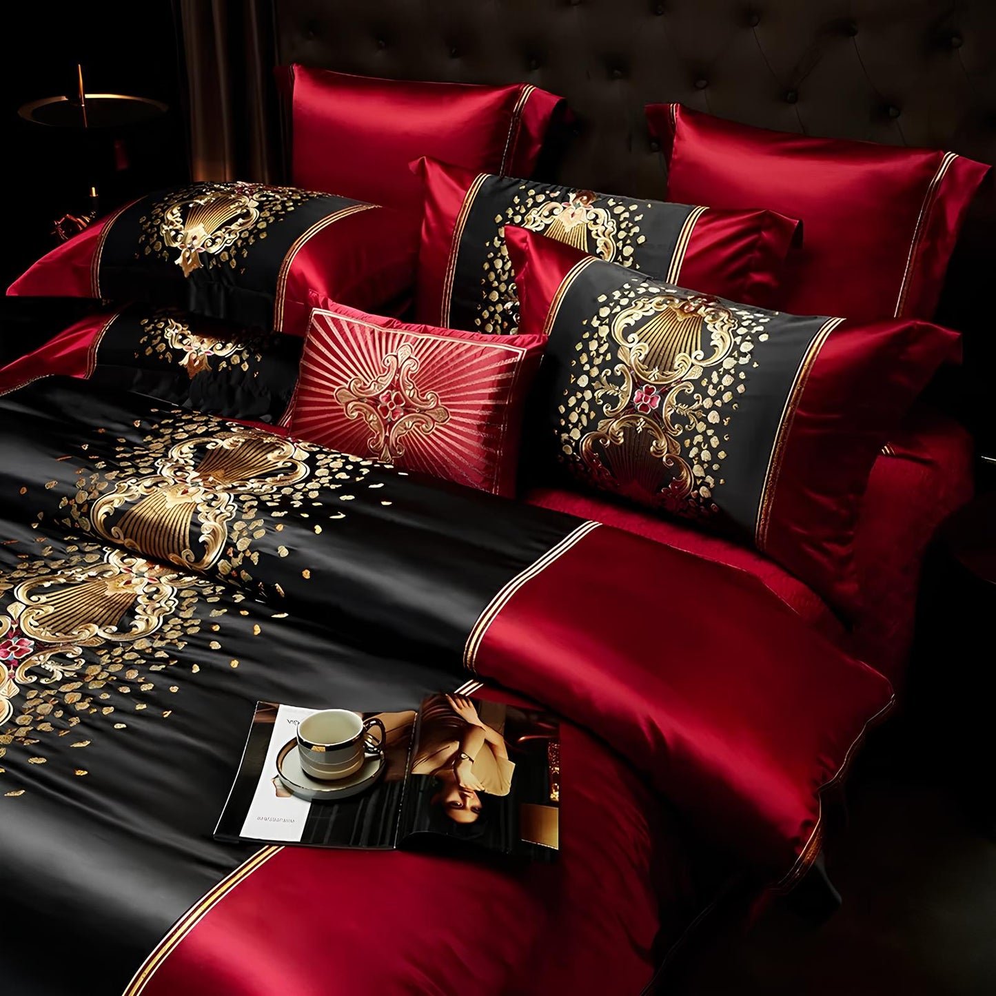 Luxury Black and Red Satin and Egyptian Cotton Bedding Set - Homevalley.co.uk