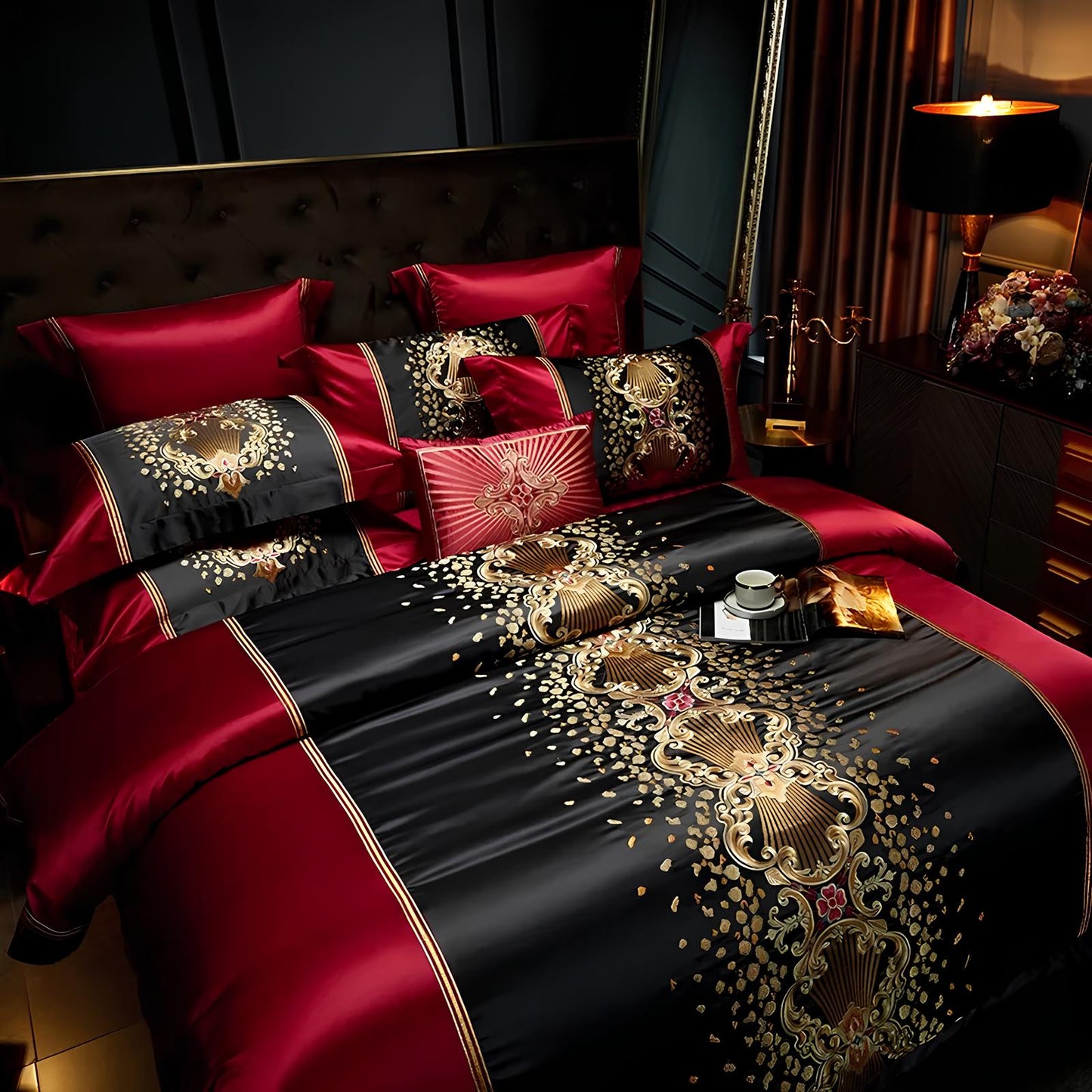 Luxury Black and Red Satin and Egyptian Cotton Bedding Set - Homevalley.co.uk
