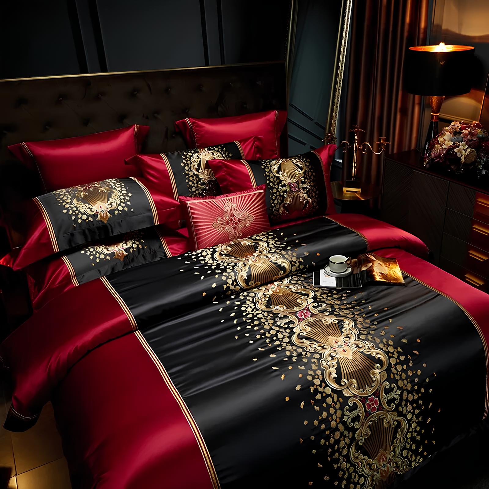 Luxury Black and Red Satin and Egyptian Cotton Bedding Set - Homevalley.co.uk