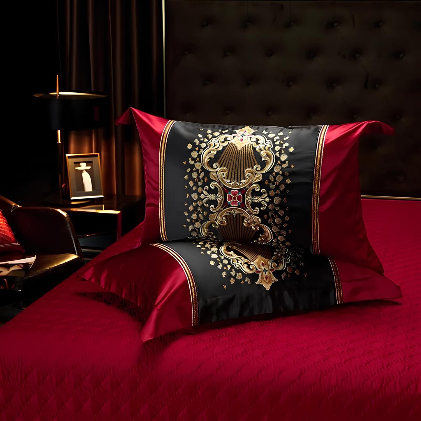 Luxury Black and Red Satin and Egyptian Cotton Bedding Set - Homevalley.co.uk