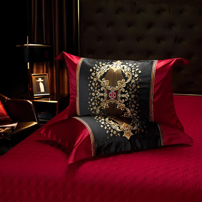 Luxury Black and Red Satin and Egyptian Cotton Bedding Set - Homevalley.co.uk