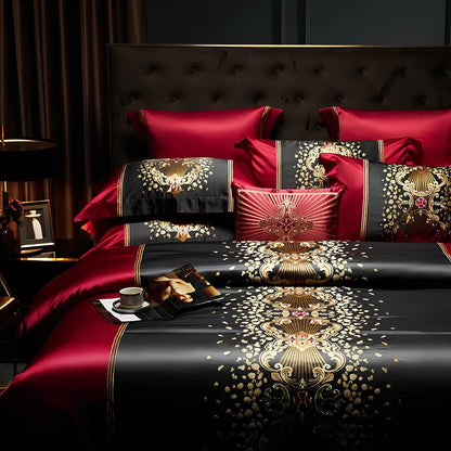 Luxury Black and Red Satin and Egyptian Cotton Bedding Set - Homevalley.co.uk