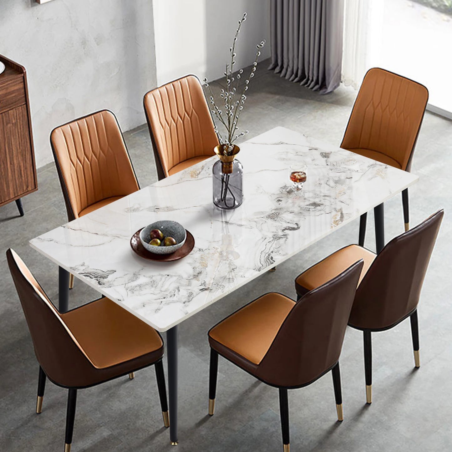 Modern Rectangle Kitchen Dining Table with Sintered Stone Top and Metal Legs - Homevalley.co.uk