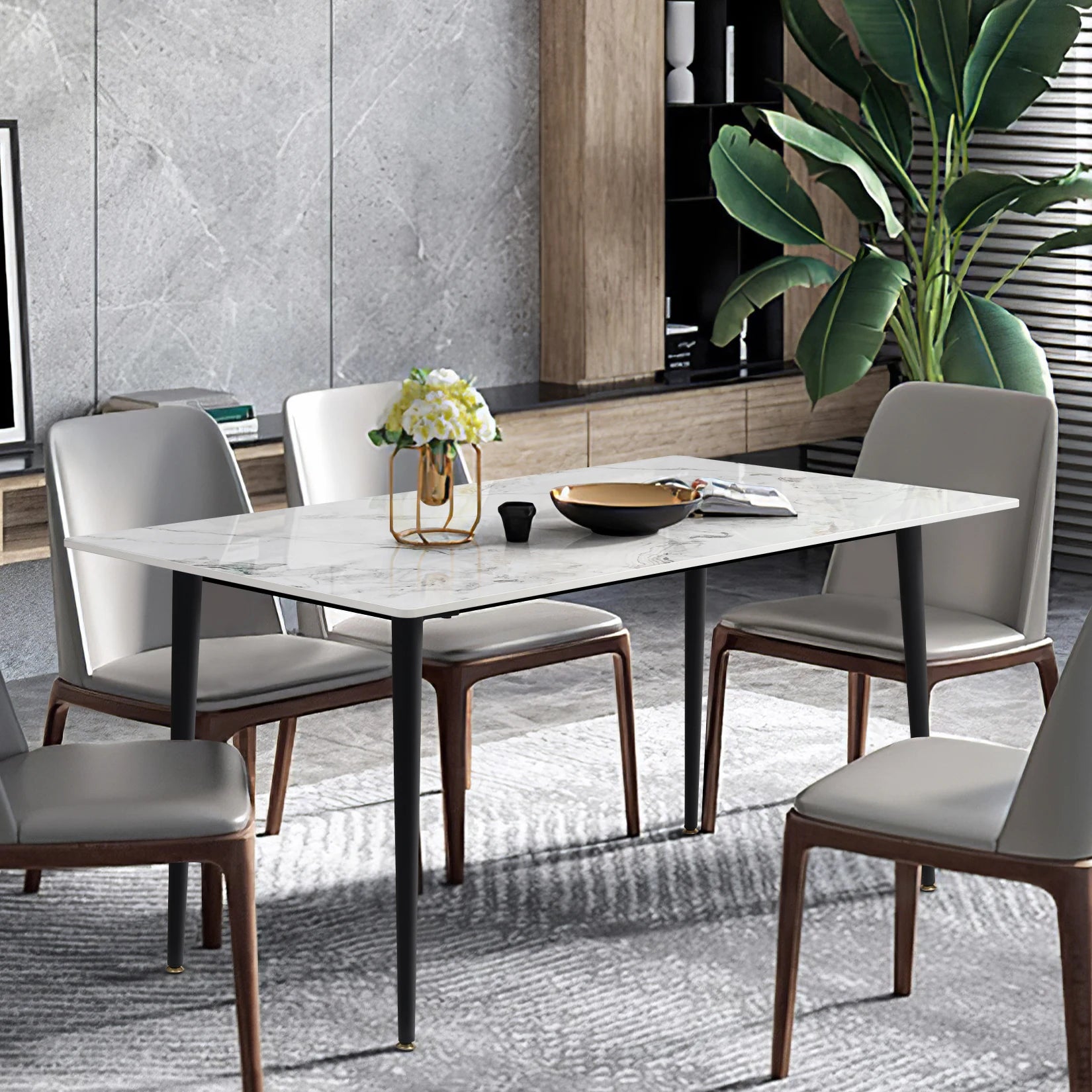 Modern Rectangle Kitchen Dining Table with Sintered Stone Top and Metal Legs - Homevalley.co.uk