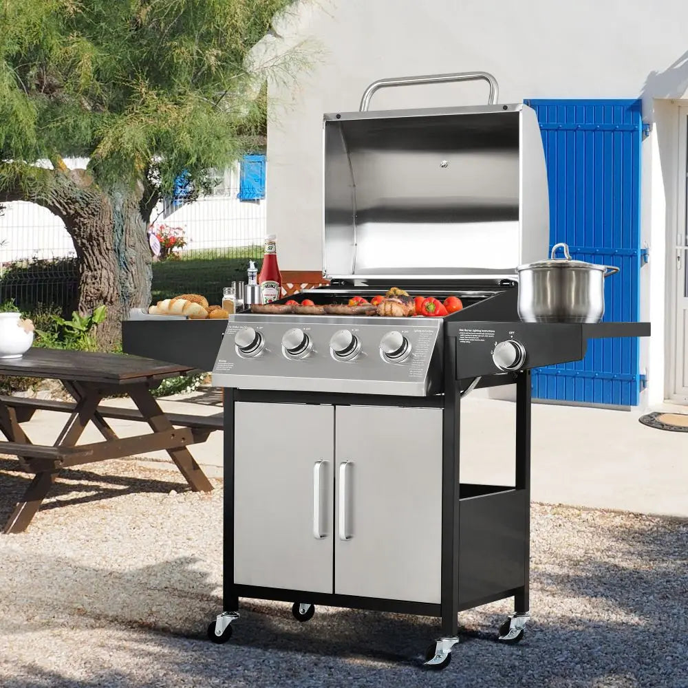 Outdoor Gas BBQ Grill 4 Burner Stainless Steel, Side Table Shelves & Waterproof Cover Cast Iron Cooking - Homevalley.co.uk