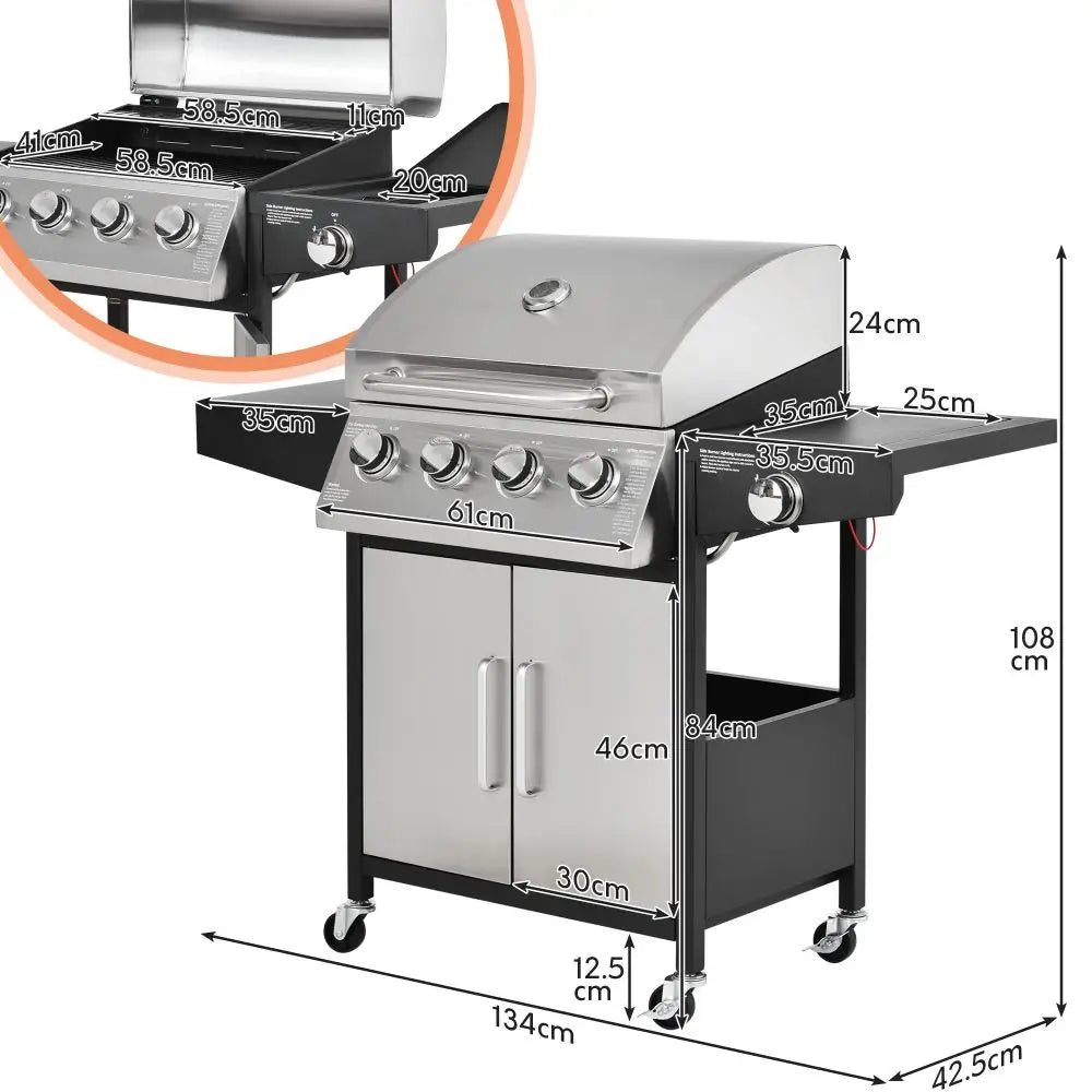 Outdoor Gas BBQ Grill 4 Burner Stainless Steel, Side Table Shelves & Waterproof Cover Cast Iron Cooking - Homevalley.co.uk