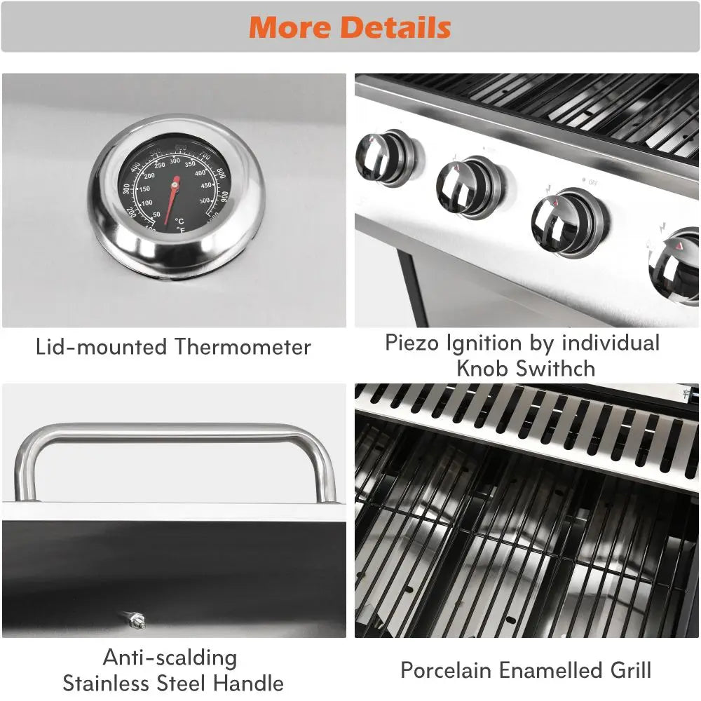 Outdoor Gas BBQ Grill 4 Burner Stainless Steel, Side Table Shelves & Waterproof Cover Cast Iron Cooking - Homevalley.co.uk