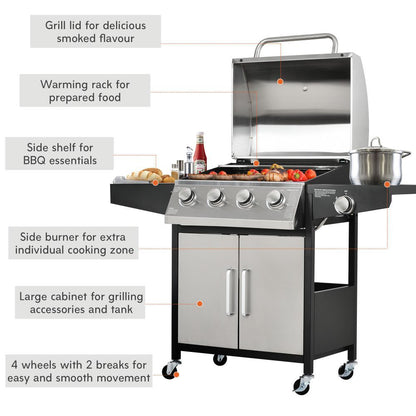 Outdoor Gas BBQ Grill 4 Burner Stainless Steel, Side Table Shelves & Waterproof Cover Cast Iron Cooking - Homevalley.co.uk