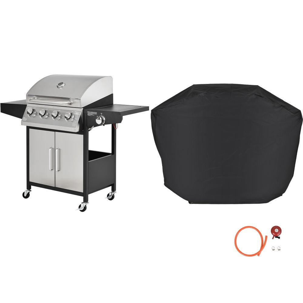 Outdoor Gas BBQ Grill 4 Burner Stainless Steel, Side Table Shelves & Waterproof Cover Cast Iron Cooking - Homevalley.co.uk