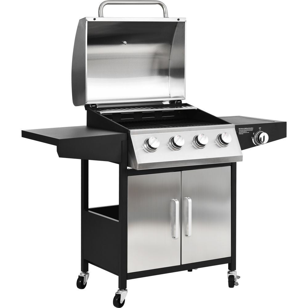 Outdoor Gas BBQ Grill 4 Burner Stainless Steel, Side Table Shelves & Waterproof Cover Cast Iron Cooking - Homevalley.co.uk