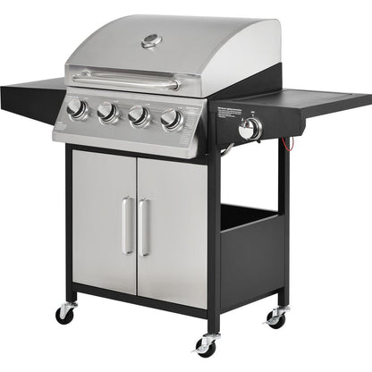 Outdoor Gas BBQ Grill 4 Burner Stainless Steel, Side Table Shelves & Waterproof Cover Cast Iron Cooking - Homevalley.co.uk