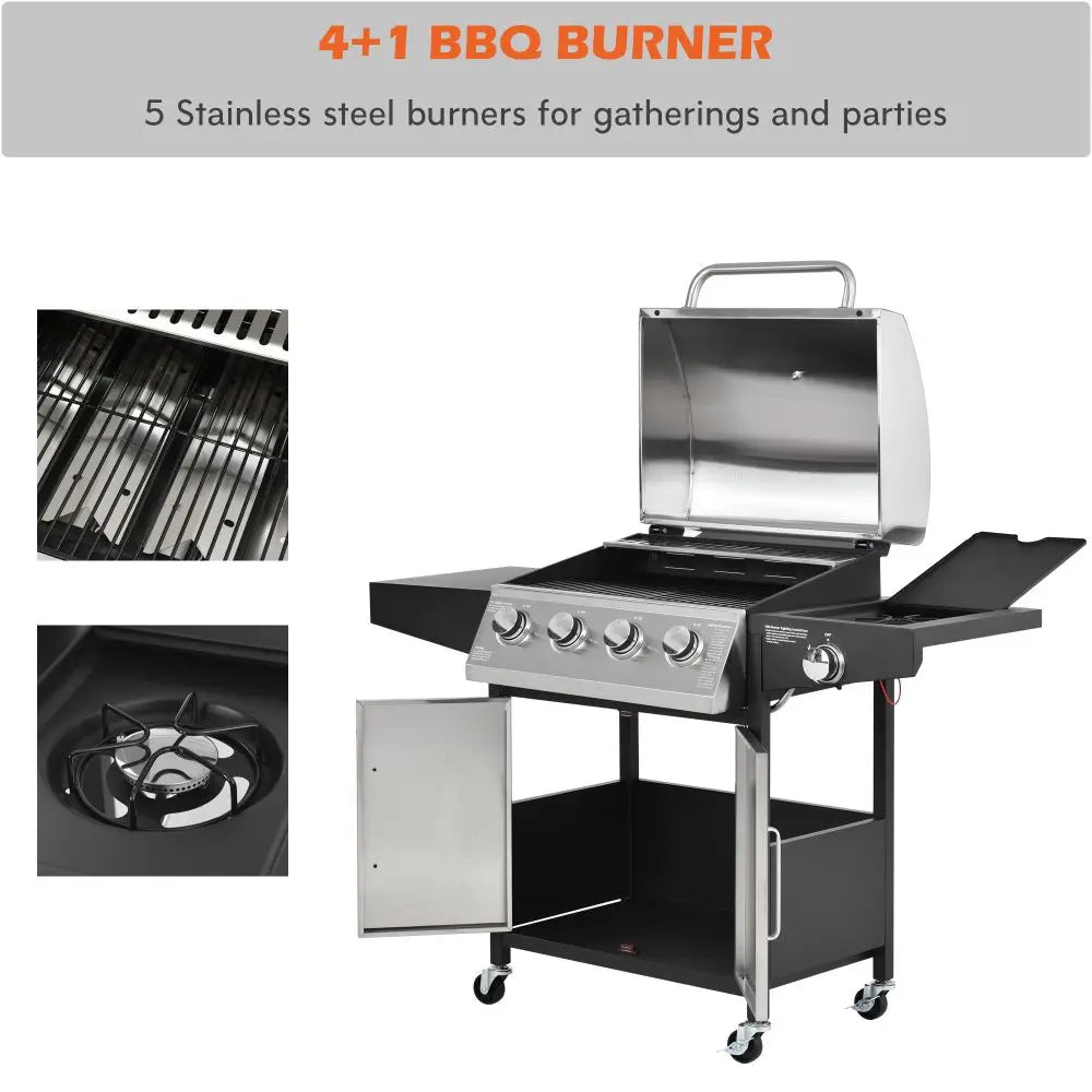 Outdoor Gas BBQ Grill 4 Burner Stainless Steel, Side Table Shelves & Waterproof Cover Cast Iron Cooking - Homevalley.co.uk