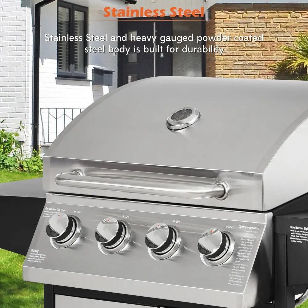 Outdoor Gas BBQ Grill 4 Burner Stainless Steel, Side Table Shelves & Waterproof Cover Cast Iron Cooking - Homevalley.co.uk