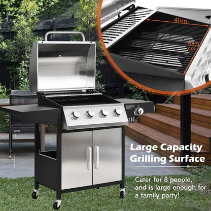 Outdoor Gas BBQ Grill 4 Burner Stainless Steel, Side Table Shelves & Waterproof Cover Cast Iron Cooking - Homevalley.co.uk