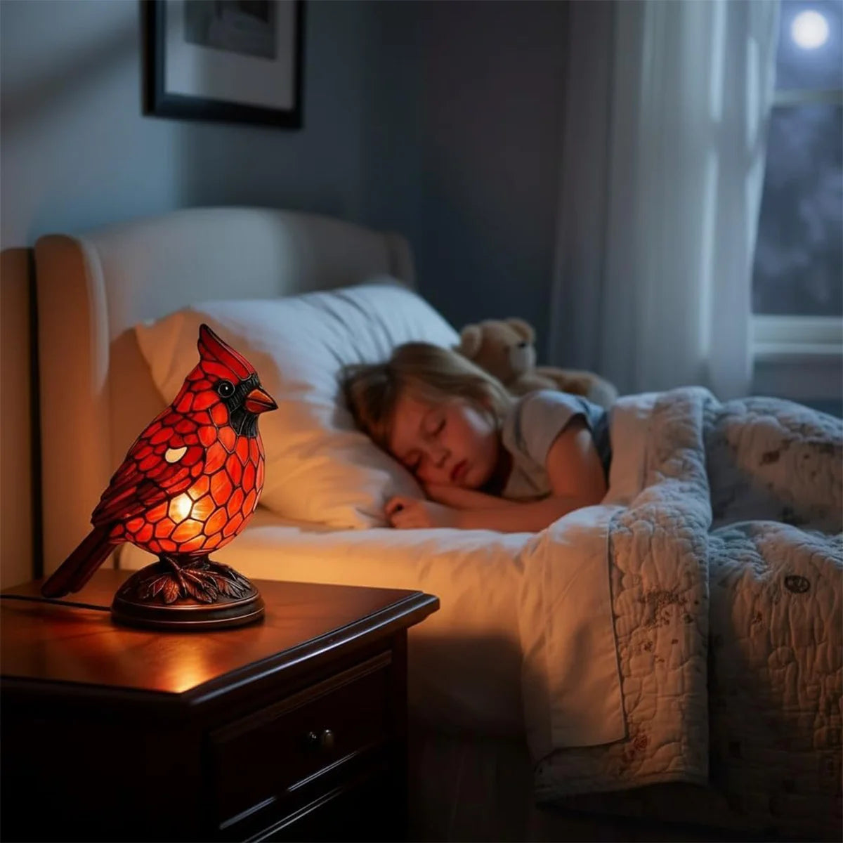 red cardinal led lamp at the bedside cabinet