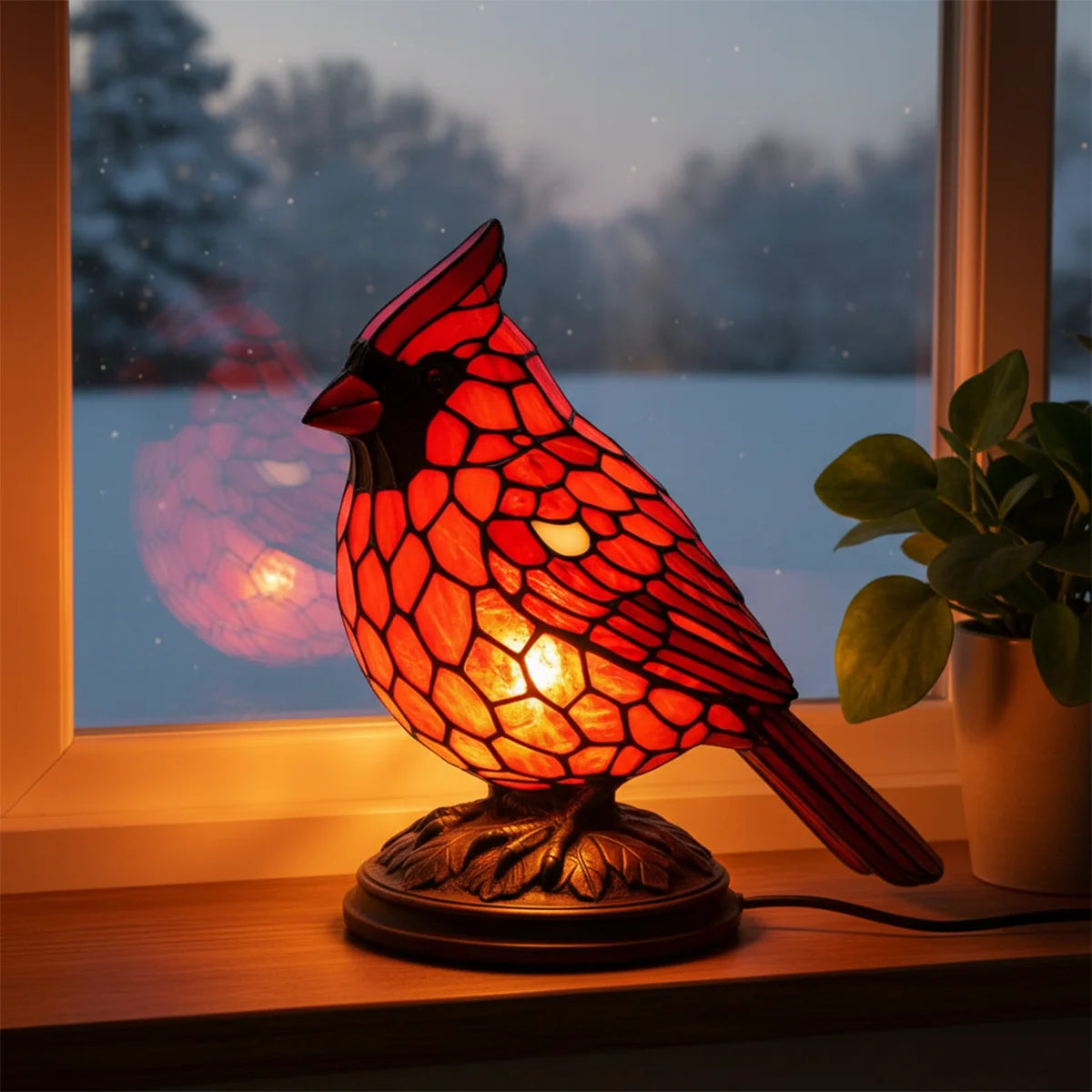 Red cardinal table lamp glowing warmly on bedside table creating cozy ambient lighting