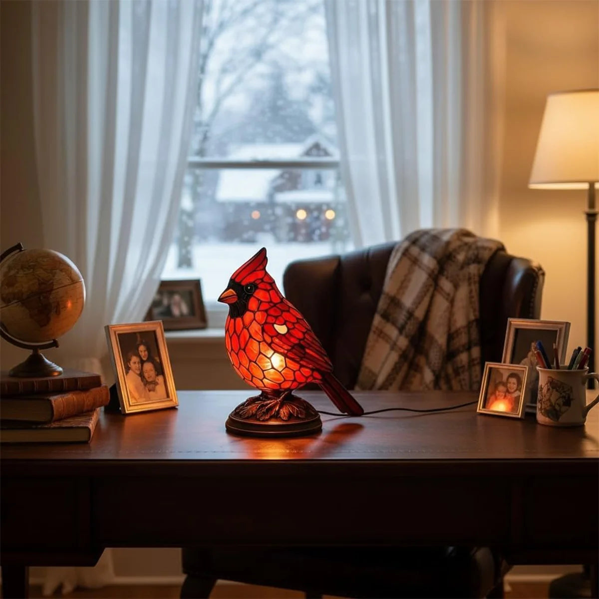 red cardinal lamp on the table