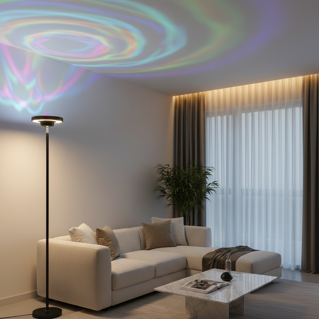 Modern living room with a floor lamp, chair, and decorative items under a purple light.