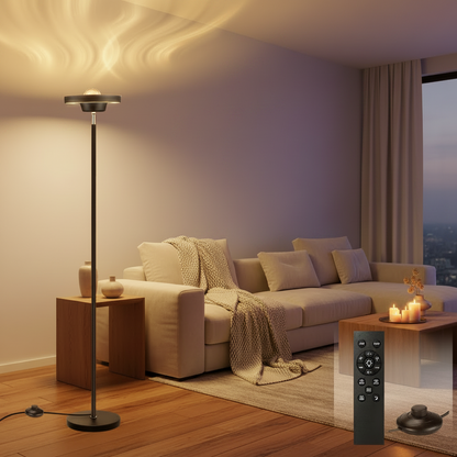 Modern living room with a floor lamp, sofa, and decorative elements.