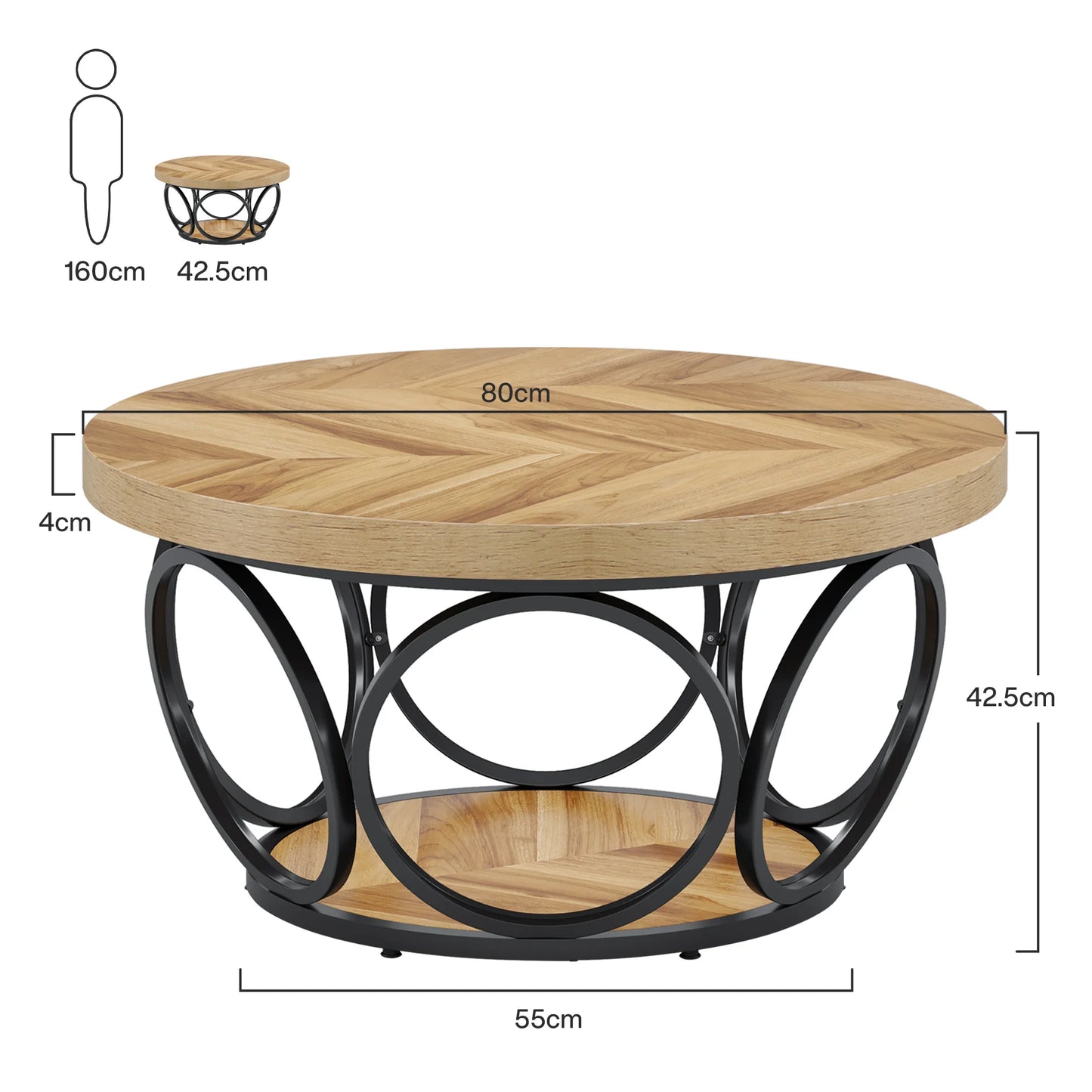 AVITA Round Wooden Coffee Table with Black Metal Frame