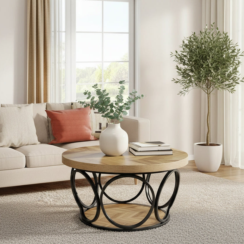 Living room with a round wooden coffee table, sofa, and decorative plants.