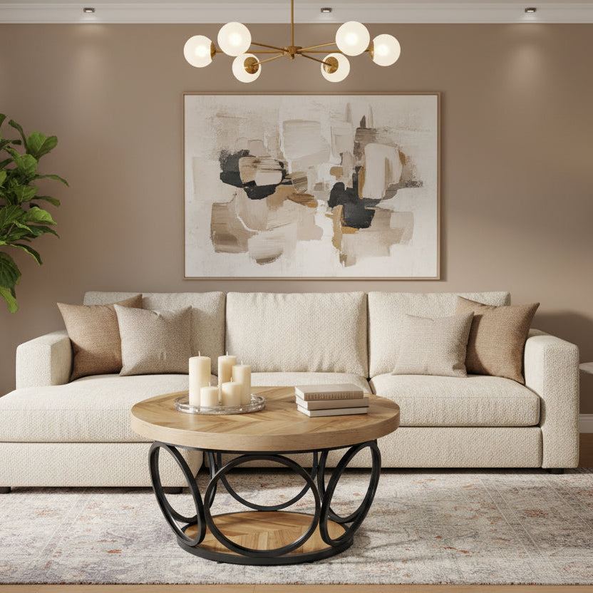 Living room with beige sectional sofa, round wooden coffee table, and abstract art on the wall.