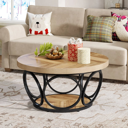 Round wooden coffee table with decorative items in a living room setting.