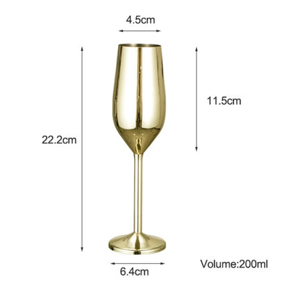 Gold champagne flute with dimensions and volume label on a white background