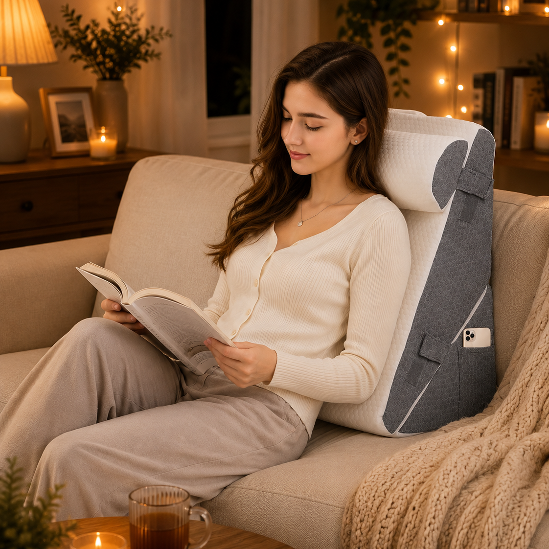 Woman reading a book on a couch with a backrest pillow in a cozy living room.
