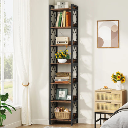 Tall black metal bookshelf with decorative items in a room with a window and wall art.