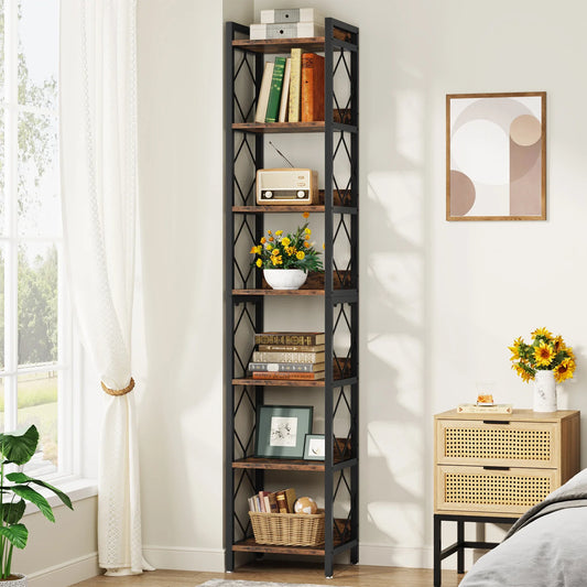 Tall black metal bookshelf with decorative items in a room with a window and wall art.