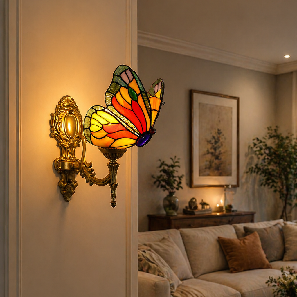 Stained glass wall sconce in the shape of a butterfly in a living room.