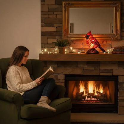 red cardinal lamp on top of the fire place