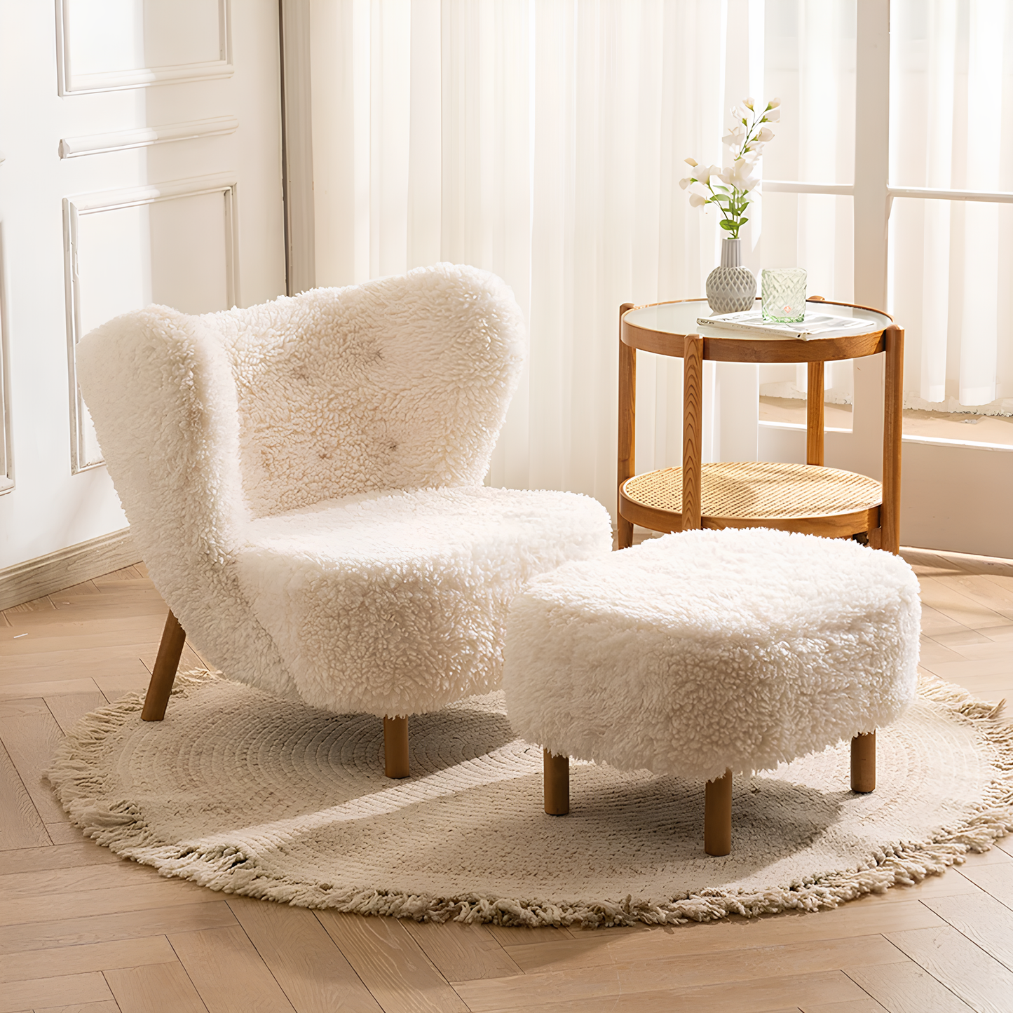 White Nordic Faux Lambswool Chair and footstool, Fast Delivery (Uk Customers Only) - Homevalley.co.uk