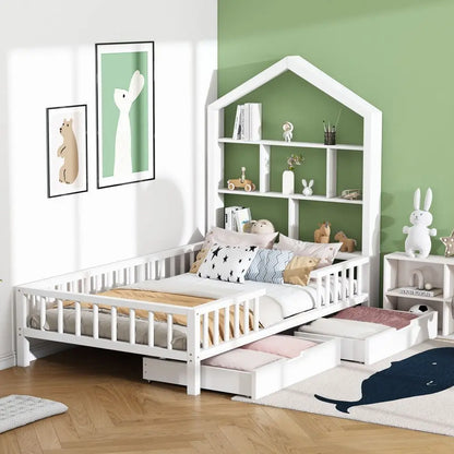 White Solid Wooden Children's Bed with Bookshelf - Homevalley.co.uk