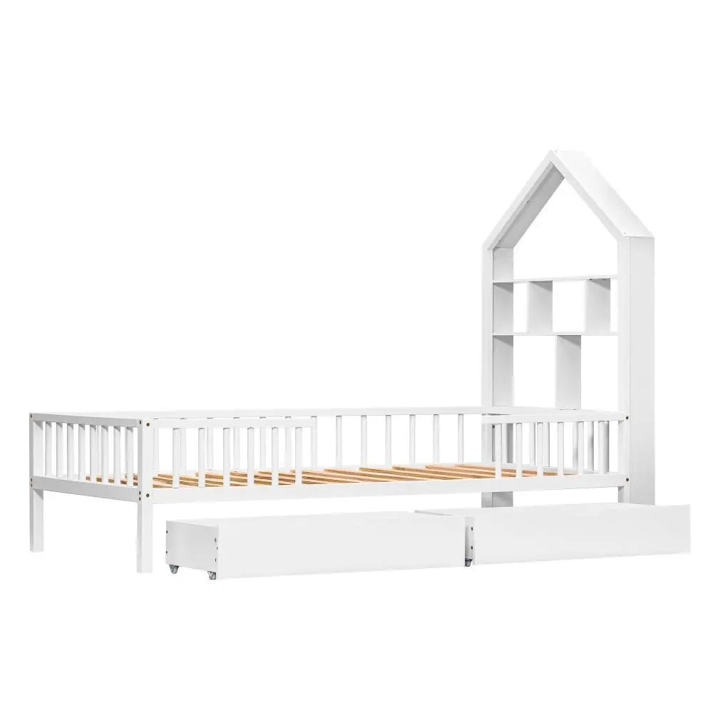 White Solid Wooden Children's Bed with Bookshelf - Homevalley.co.uk