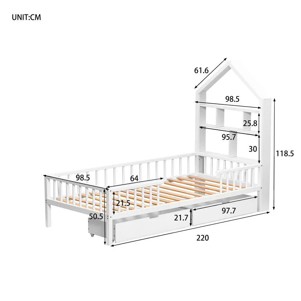 White Solid Wooden Children's Bed with Bookshelf - Homevalley.co.uk