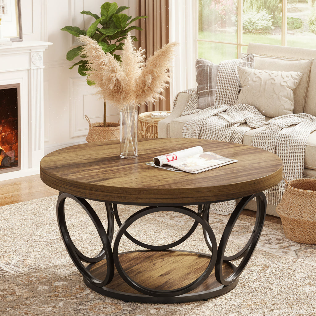 Wooden coffee table with black metal base in a living room setting.